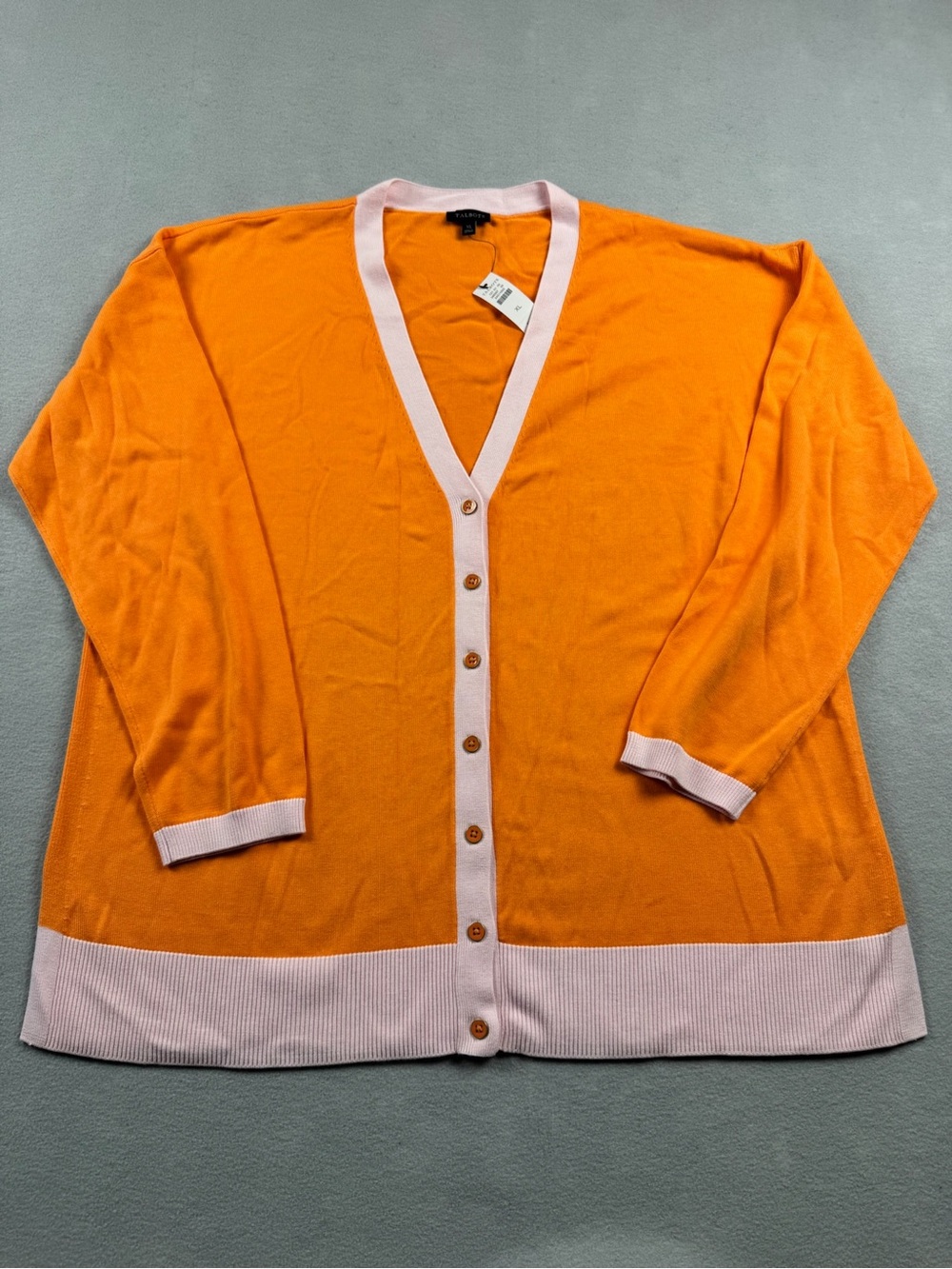 TALBOTS Cardigan Sweater Orange Pink Colorblock Trim Size XL NWT Preppy Classic